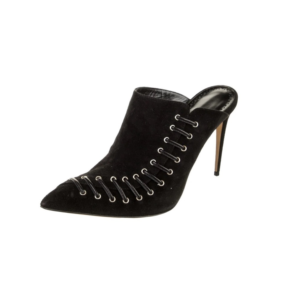 Manolo Blahnik Black Suede Mules with Silver Eyelets Sz 37